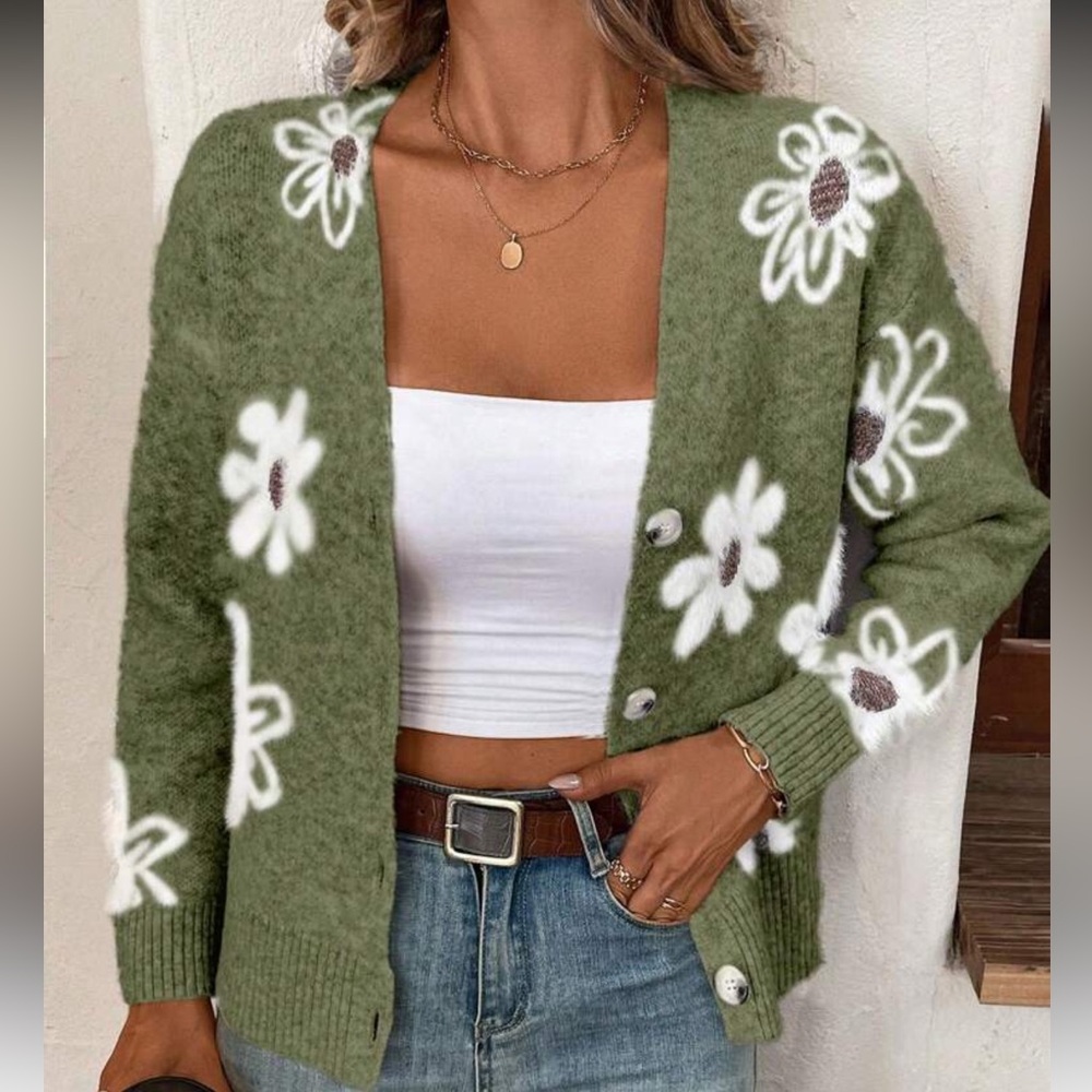 New Floral Green Cardigan Sweater